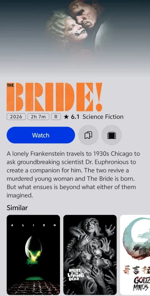 Zenorix movie detail page for The Bride! with rating, runtime, synopsis and similar titles