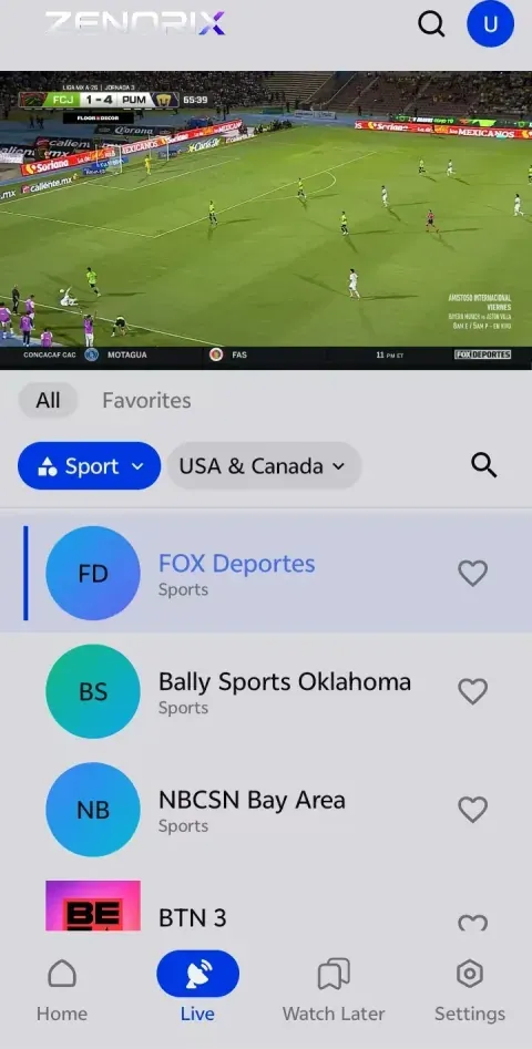 Zenorix live TV screen streaming a football match with a sports channel list for USA and Canada